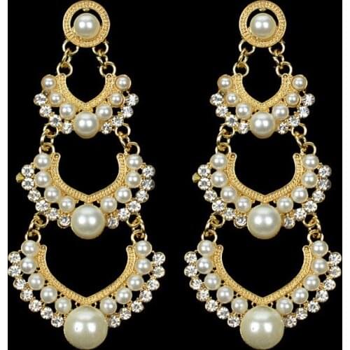 Women Wedding Earring Chandelier Hanging Long Earrings Gold-Color Imitation Pearl Statement Earings Bride Bridesmaid Brincos