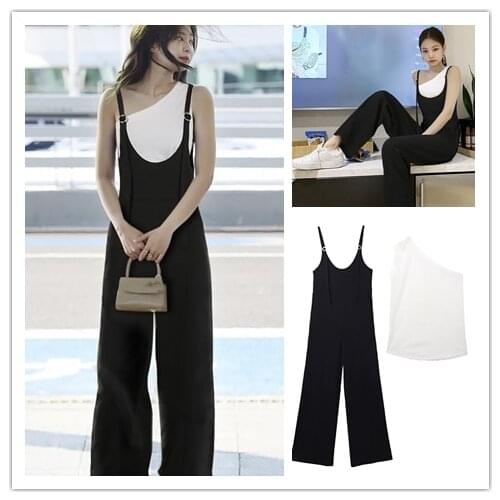 Kpop Korean Celebrity Black Sling Jumpsuit Lady Summer High Waist Loose Wide-Leg Trousers+White Sleeveless Vest Tops Women Sets