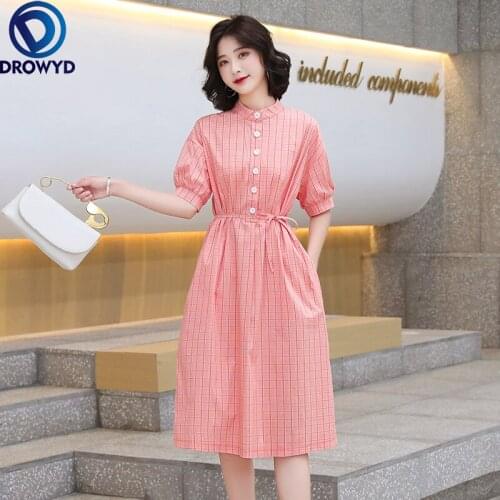 Women Midi Plaid Shirt Dress Summer 2021 Runway Elegant Pocket Korean Office Casual Sea Beach Vacation Party Vestidos Pink New