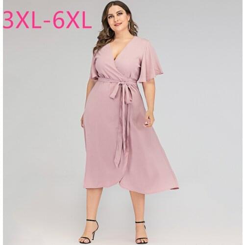New 2021 summer plus size midi dress for women large short sleeve loose casual deep v neck sexy pink dress belt 3XL 4XL 5XL 6XL