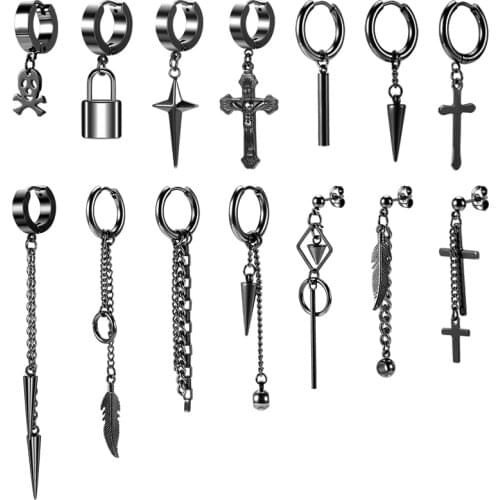 ZS Stainless Steel Drop Hoop Earring Set for Women Men DNA Boy Kpop Dangling Earring Hoop Gothic Punk Rock Cross Earring Jewelry