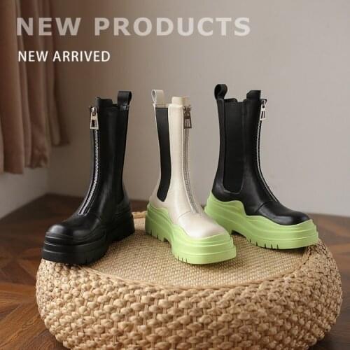 Cow Leather Martin Ankle Boots Front Zipper Women Shoe Round Toe Platform Boots Brand Designer Outside Ladies Shoes botines