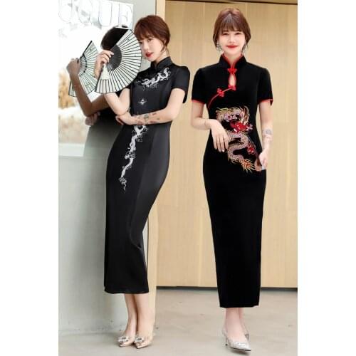 Black Chinese Evening Dress Japanese Style Cheongsam Dress Club Sexy Bodycon Chinese Traditional Dragon Embroidery Qipao Dresses