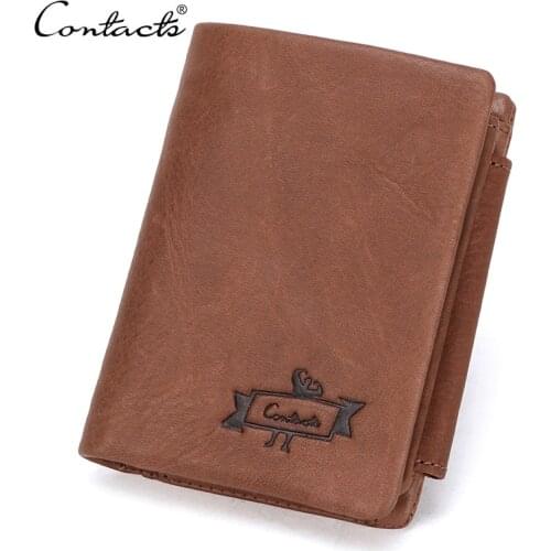 CONTACTS Genuine Leather Men Wallets Trifold Wallet Male Zip Coin Pocket Purse Hasp Design Mens Wallet Short Cuzdan Portomonee