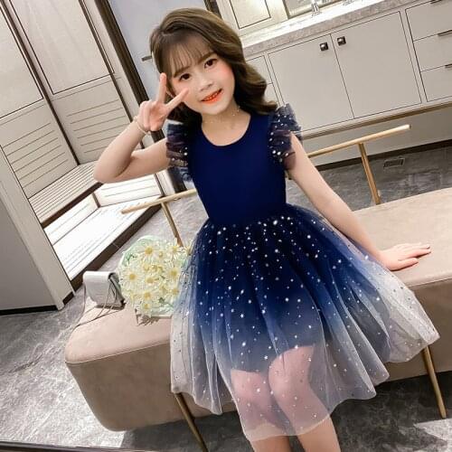 ChildrenS Dance Dress Girls' Summer New Clothing Performance Clothes Big Kids Starry Sky Mesh Dress Princess For Teens