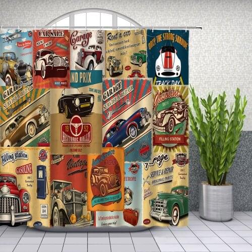 Hot Cartoon Retro Car Shower Curtains Classic Old Cars Bathroom Decor Home Bath Waterproof Polyester Cloth Curtain Set Cheap