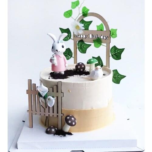 Ins Idyllic Happy Birthday Cake Topper Wooden fence arch Wedding Cake flag for wedding birthday party Cupcake Toppers Decoration