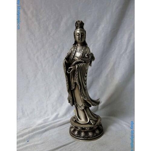 10" China silver Buddhism Kwan-yin Wishful Guanyin buddha Sculpture Statue