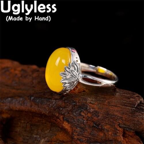 Uglyless Real Thai Silver Blooming Lotus Rings for Women Ethnic Chalcedony Open Ring Genuine 925 Silver Vintage Lotus Jewelry