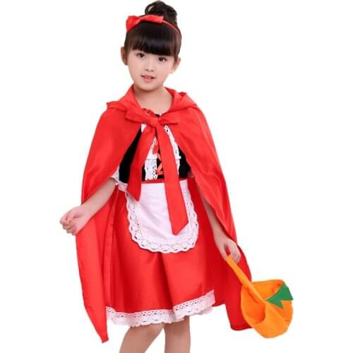 Halloween Girls Cosplay 4pcs Clothes Set Kids Cosplay Show Little Red Riding Hood Costume Girls Pumpkin Bag Dress Cloak Apron
