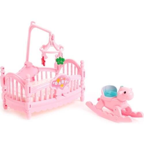 Miniature Crib Bed And Wooden Horse For Children Girls Gift Doll House Decor