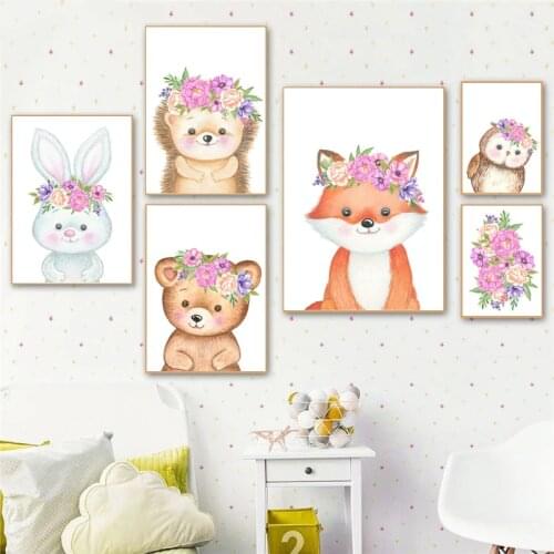 Cartoon Cute Flower Animal Rabbit Cubs Nursery Wall Art Canvas Painting Posters And Prints Wall Pictures Baby Kids Room Décor