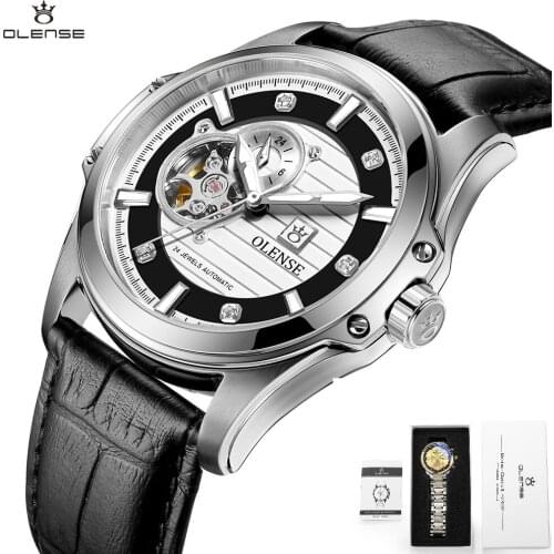 OLENSE Sapphire Crystal Automatic Mechanical Watch Man Stainless Steel Case Genuine Leather Strap Mens Watches With Box GA8001