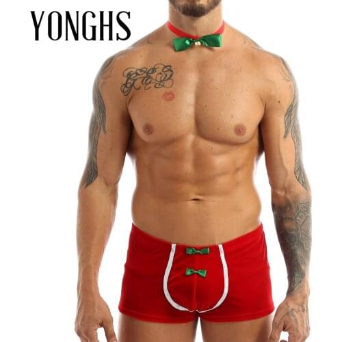 Mens Lingerie Fancy Cosplay Costume Christmas Holiday Erotic Sex Costume Front Bulge Pouch Boxer Shorts Underwear with Bowtie