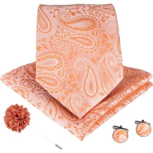 Men Tie orange Paisley Silk Weding Tie For Men Hanky Cufflinks Boutonniere Necktie Set Business Party DiBanGu Designer XH109-586