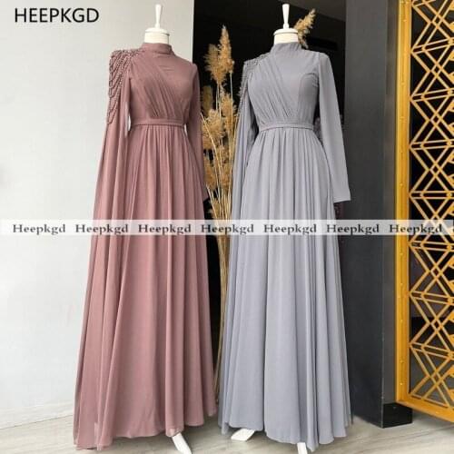 2021 New Dusty Rose Muslim Arabic Evening Dress Pleats Chiffon A Line Long Sleeves Formal Occasion Wedding Party Gowns Plus Size