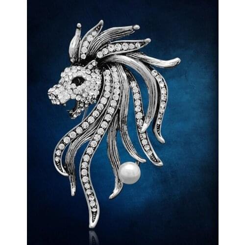 OneckOha Vintage Jewelry Lion Head Brooches Rhinestone Zinc Alloy Animal Brooch Pin Mens Suit Pin