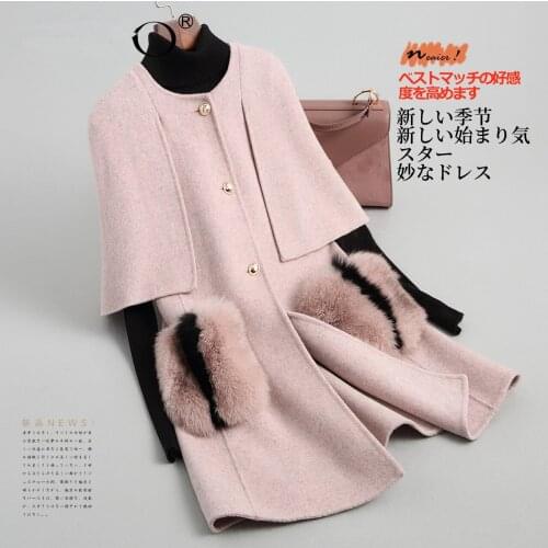Winter Women Real Autumn Fox Fur Pocket Wool Korean Double-side Woolen Coat Cloak Pink Jacket X952900DMP92042 MY2202