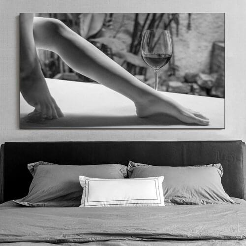 Canvas Prints Nude Woman Wine Glass Painting Black White Sexy Girl Posters Wall Art Modern Pictures for Living Room Home Decor