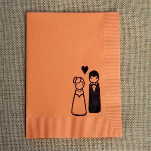 Personalized Cocktail Napkins Peg People Dolls Bride and Groom with Tiny Heart Peach Coral Wedding 3 ply Paper Beverage Wedding