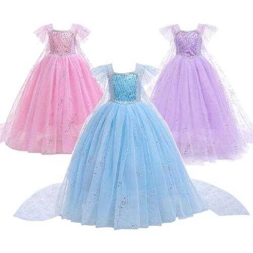 Snow Queen 2 Cosplay Elsa Girls Dress Summer Girl Fantasy Casual Mesh Princess Dress Birthday Party Costume 4-10Yrs Kids Dresses