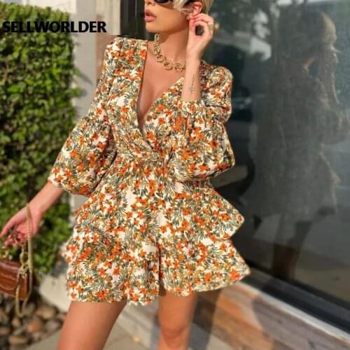 Floral Printed 2021 Women Ladies V-neck Elegant DressSpring Summer Lantern Sleeve Dress Holiday Beach A-line Ruffles Dress