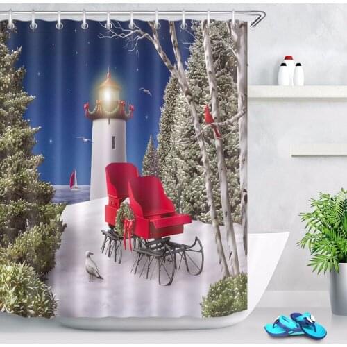 Merry Christmas Lighthouse Sleigh Pinetree Shower Curtain Nature Scenery Bathroom Waterproof Polyester Fabric for Bathtub Decor