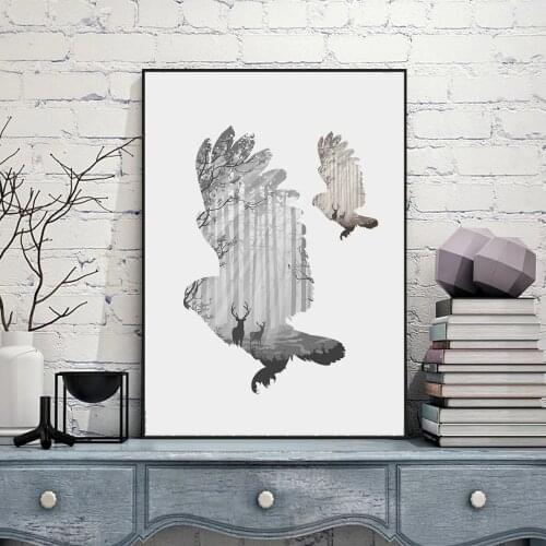 Silhouette of a flying owl with pine forest Canvas Art Print Painting Poster, Wall Picture for Home Decoration, FA396-6