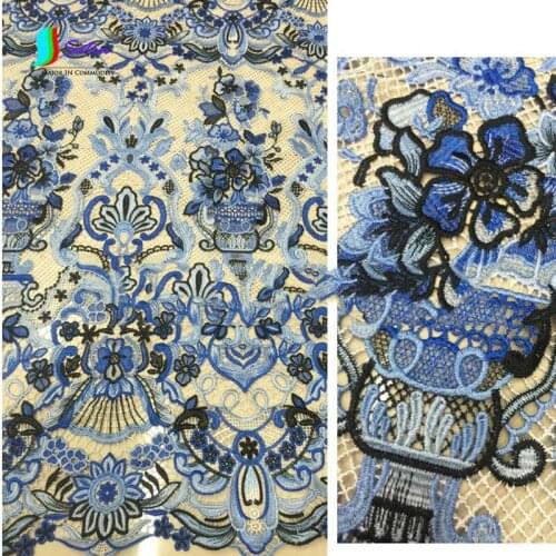 Blue And White Porcelain Blue Vase Color Matching Embroidery Water Soluble Lace Fabric High-grade Custom Dress Fabric S532P