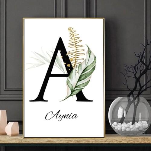 Nordic Letter Custom Name Canvas Poster Alphabet Chart Wall Art Print Green Plants Art Painting For Living Room Home Decor Gift