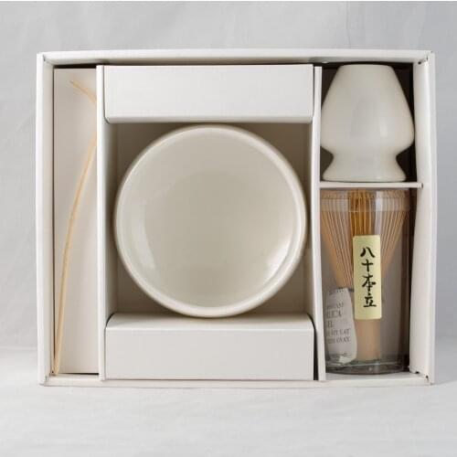 Super 4in1 White Giftset of Matcha Green Tea Tools Porcelain Matcha Bowl Handmade Japanese Bamboo Chasen Whisk Holder and Scoop