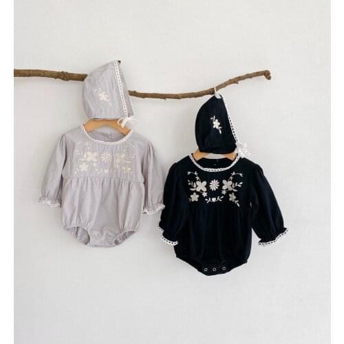 Spring Autum Baby Girls Embroidered Lace Long-sleeve Romper Jumpsuit Chinese Style Triangle Romper