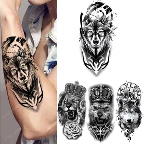 Wolf Lion Man Waterproof Temporary Tattoo Sticker Tiger Snake Flash Tattoo Leopard Crown Cool Body Art Arm Fake Tatoo Woman