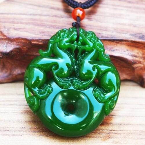 Green HETIAN Nephrite doughnut Pendant Necklace Carved PIXIU Amulet Men Women Buckle Fashion Jewelry Free Chain