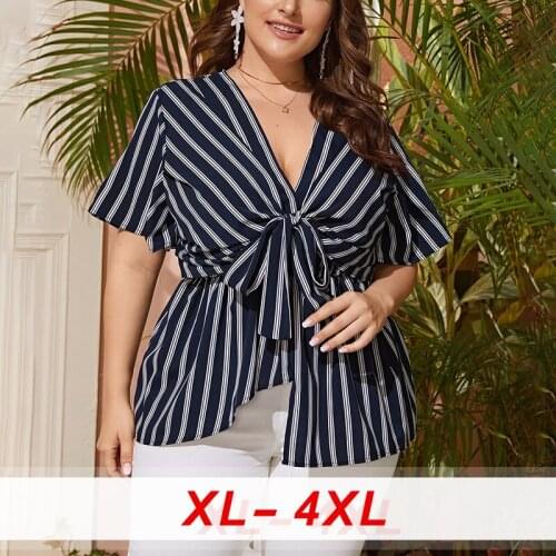 2020 Summer Striped Women Blouse V-Neck Work Shirts,Plus Size Clothing for Women Fashion Casual Short Sleeve Blouse Garment