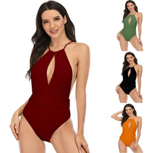 2021 Sexy Lace up Backless One Piece Swimsuit Women Padded Swimwear Bandage Solid Bikini Beach Bathing Suit Monokini Swim Wear