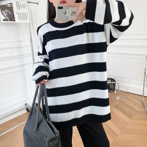 Women Letters Striped Knitted Sweater O-Neck Laides Long Sleeve 2021 Early Autumn Knitwear Jumper Female Pullover Tops