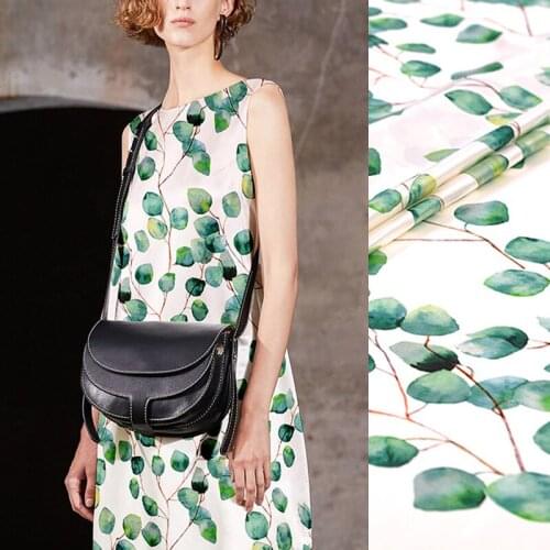 135CM Wide 19MM Green Leaves Print 94% Silk & 6% Spandex Strech Silk Satin Fabric for Summer Dress Pants Cheongsam J037