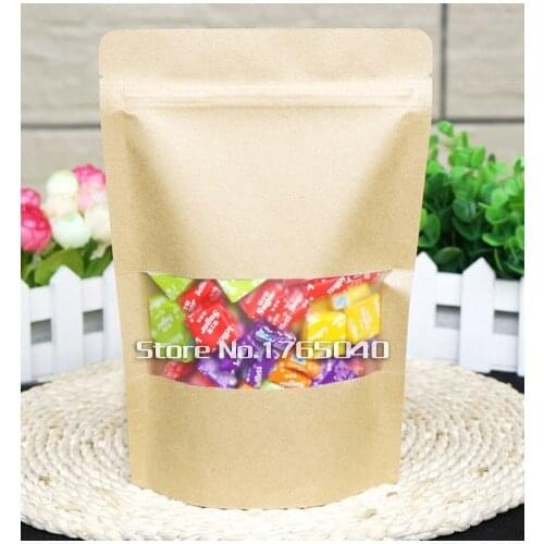 15*22+4cm Bottom *140mic High Quality Food Kraft Paper Bags With Window Stand Up With Zipper Bags Free Shipping 200pcs/lot