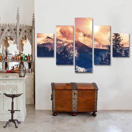 5 Pieces of Mountain Dawn Painting Winter Posters HD Printable Art Landscape Photos Living Room Wall Home Decoration Frameless