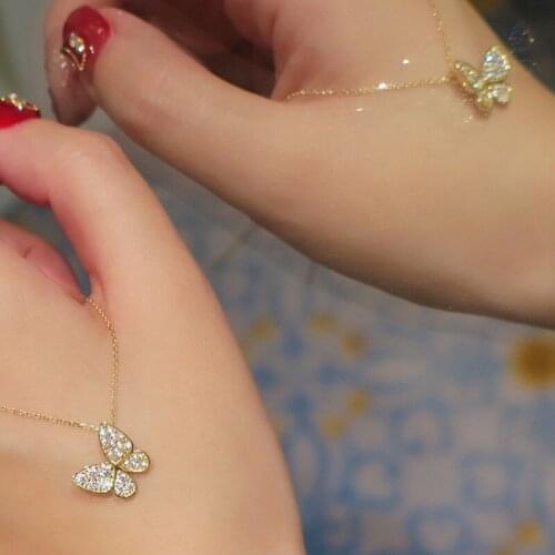 925 Silver Plated 14K Gold Butterfly Zircon Shiny Fashion Elegant Wedding Necklace Clavicle Chain Jewelry for Women Gift 2020