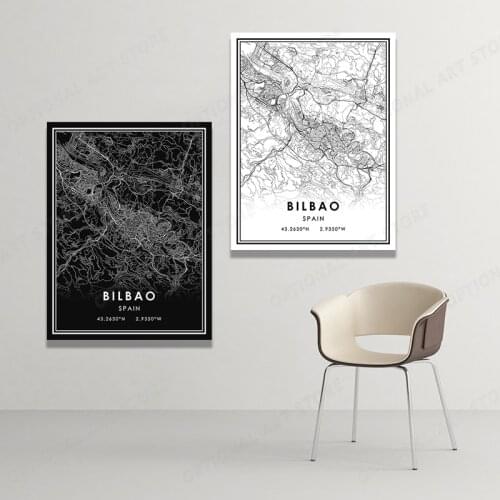 Black And White World City Map BILBAO Wall Art Canvas Poster Prints Nordic Style Paintings Picture For Living Room
