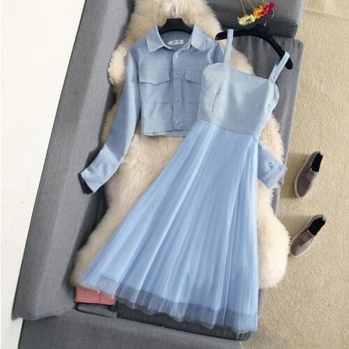 Two Pieces Set Spring Summer New Corduroy Short Jacket Tops With Strapped Mesh Stitching Long Dress Female Chic Elegant Sets J46