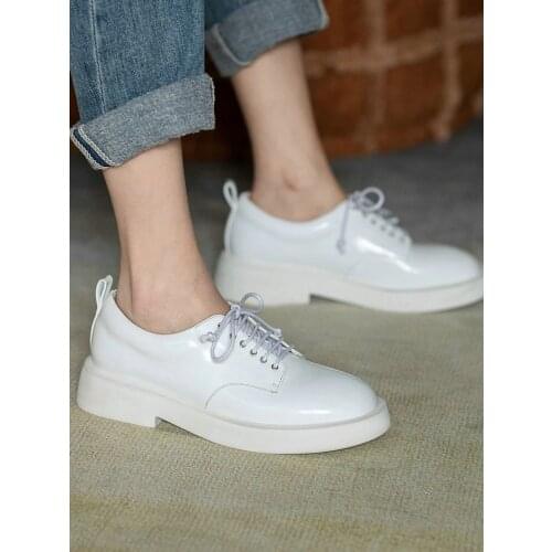 EshtonShero Casual Women Flats Heel Patent Genuine Leather Women Spring New Arrival Fashion Square Heel White Shoes Woman