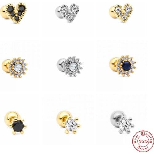 GS 925 Sterling Silver Single Crystal Stud Earrings Sunflower Heart Shape Black Clear Zircon Earlobe Buckle Piercing Earring