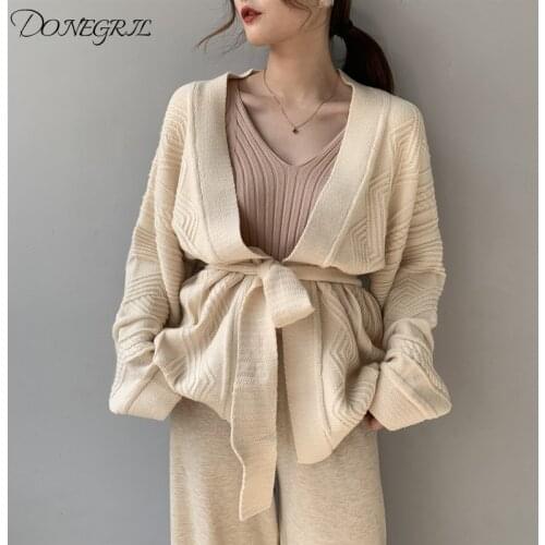 Quality V Neck Knitted Cardigans Women 2020 New Autumn Winter Thick Sweater Coat Slim Waist Lace Up Outwear Solid Pull Femme