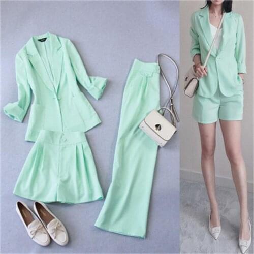 Fashion pants Set female summer autumn New high quality green casual suit + High waist wide leg pants shorts linen OL set women