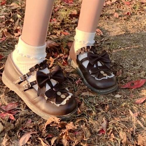 Buttons Bow Lolita Lace Round Toe Student Girl Pu Leather Gothic Shoes Cosplay Anime Harajuku Sweet Lolita Kawaii Japanese Shoes