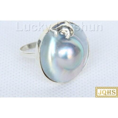 Natural dolphin 24mm gray South Sea Mabe Pearls Rings 925 silver 8# j10046