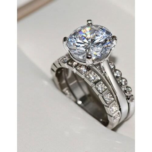 Charm Women Luxury Brand Wedding Rings Perfect Cushion Cut Sparkling Round Zircon Stone Three-piece Ring Set Luxury Jewelry